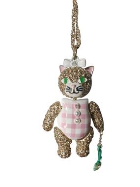 Betsey Johnson Gold Glitter Cat Necklace with Pink Gingham Dress